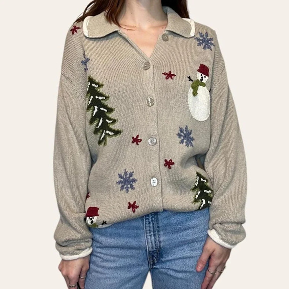 90s/2000s Vintage Knit Snowman Christmas Winter Cardigan Cherokee XXL/2X - Picture 1 of 8